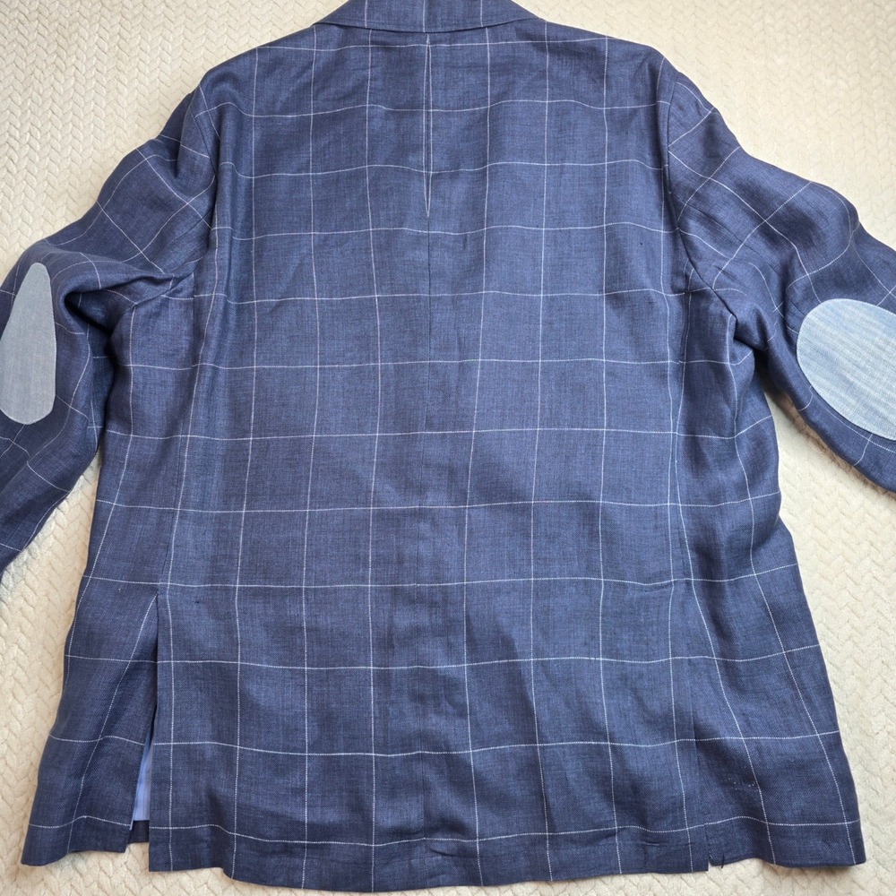 Cremieux Mens XXL Blue Windowpane 100% Linen Blazer Elbow Patches Sport Coat - Picture 11 of 13